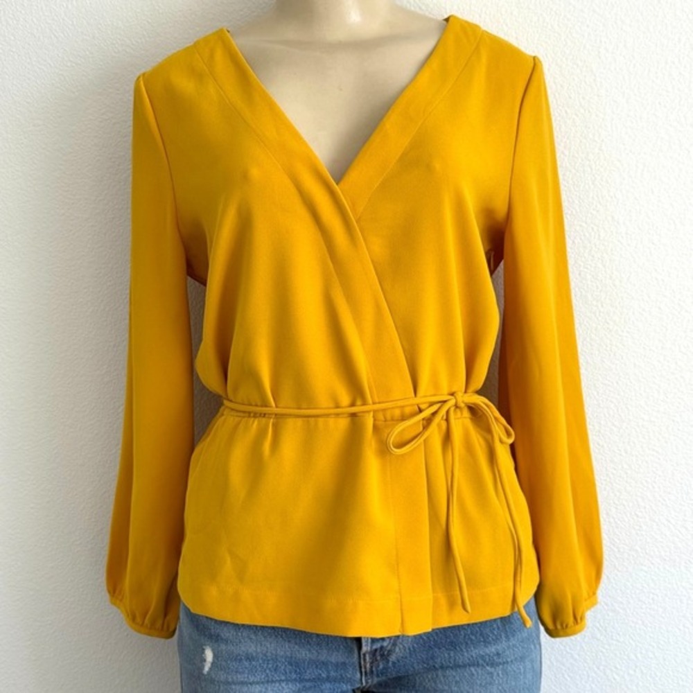J.Crew Mustard Yellow Faux Wrap Peplum Blouse 4 Office Career Chic Long Sleeve